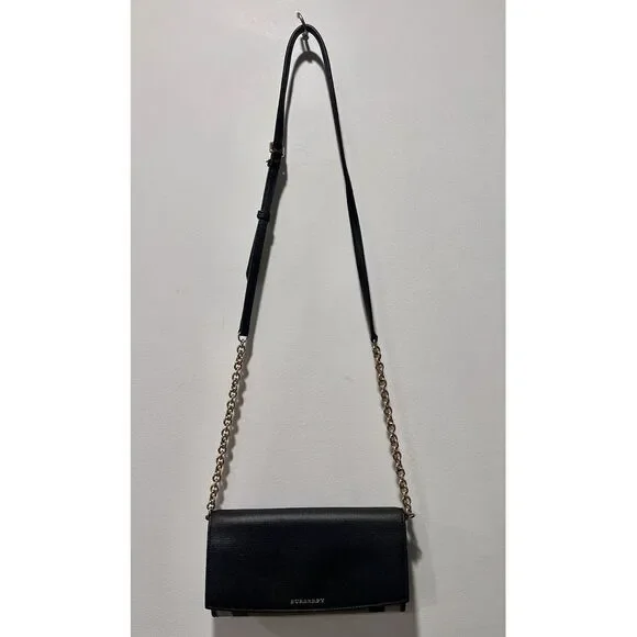 Burberry Henley Check Leather Wallet On Chain Black Shoulder Crossbody Bag - Picture 2 of 15